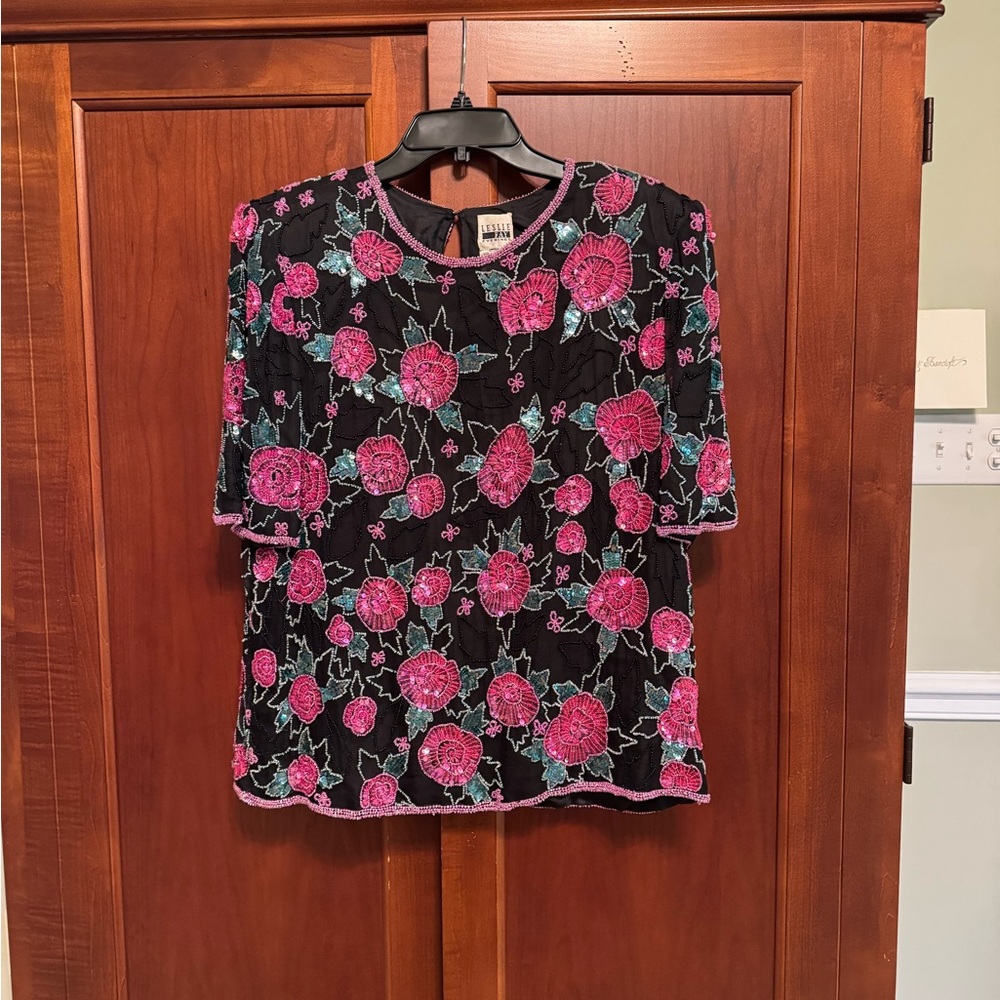 Leslie Fay Black Beaded Floral Blouse with Pink Embroidery
